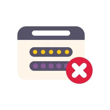 Website login form showing invalid password attempt with red cross mark icon Stock Illustration