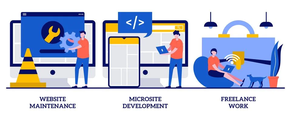 Website maintenance, microsite development, freelance-work concept with tin.. Stock Illustration