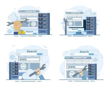Website maintenance set, server repair, domain management. Stock Illustration