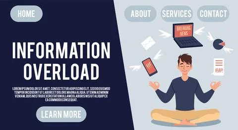 Website with man distracts himself from information overload vector illustration Stockillustratie