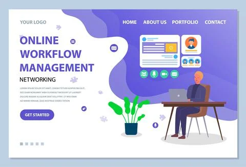 Website management template. The man at table, office worker, manager, online 스톡 일러스트