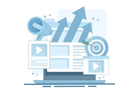 Website marketing concept, SEO, analytics, Social media, Video marketing. Stock Illustration