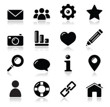 Website menu navigation black shiny icons - home, search, email, gallery, blog Stock Illustration