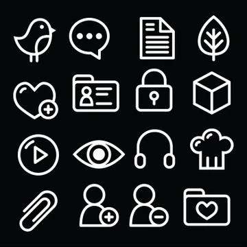 Website menu navigation white line icons on black - social media, blog, web page Stock Illustration