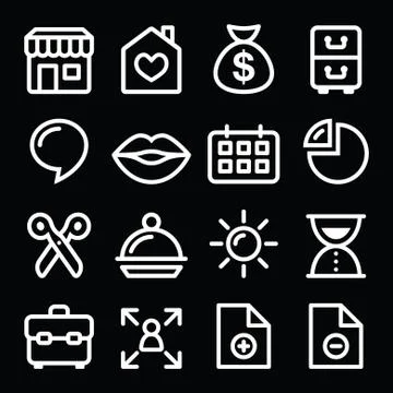Website menu navigation white line icons on black Stock Illustration