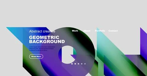 Website mockup displays abstract geometric background. Navigation includes work, 스톡 일러스트