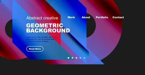 Website mockup displays abstract geometric design. Text includes work, about, 스톡 일러스트