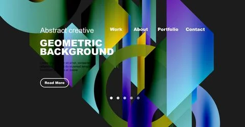 Website mockup displays abstract geometric design. Navigation includes work, 스톡 일러스트