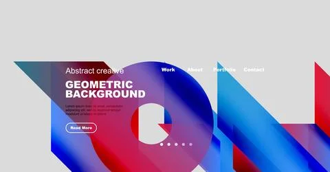 Website mockup displays geometric background. Text highlights work, about, 스톡 일러스트