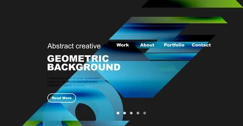 Website mockup displays geometric design. Navigation includes work, about, Stock Illustration