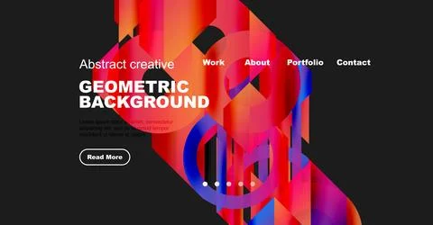 Website mockup displays vibrant geometric background. Navigation includes work, Stockillustratie