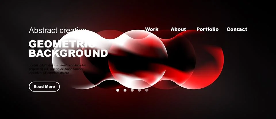 Website mockup features abstract red shapes, text, navigation menu. Dark Stock Illustration