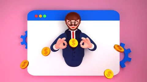 Website monetization concept.A man crawls out of a web page and shows ok sign Stock Illustration