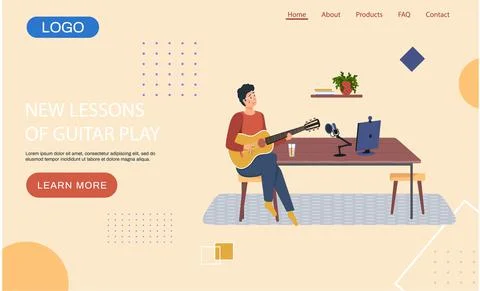 Website new lessons of guitar playing. Man singing song into microphone and Stock Illustration