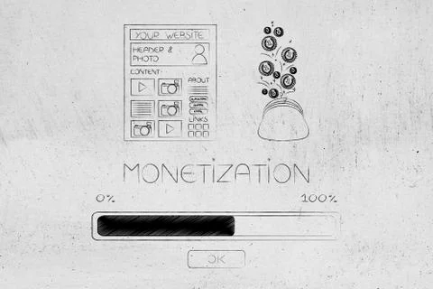 Website next to purse with coins falling in an progress bar loading Illustrazione stock