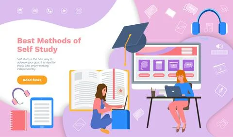 Website with online courses for e-learning. Girls study with laptops. Best Stock Illustration
