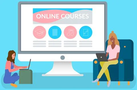 Website with online courses for e-learning. Girls study with laptops. Best Ilustración de archivo