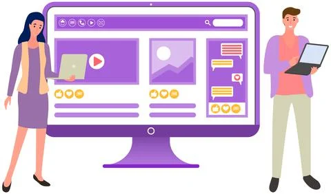 Website with online courses for e-learning. Girls study with laptops. Best Stock Illustration