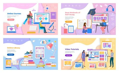 Website with online courses for e-learning. Girls study with laptops. Best イラスト素材