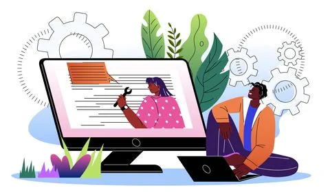 Website optimization concept. Man with laptop and woman with wrench correct 스톡 일러스트