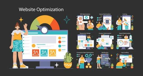 Website Optimization dark or night mode set. Expert showcasing strategies イラスト素材