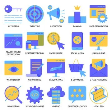 Website optimization icon set in flat style 스톡 일러스트