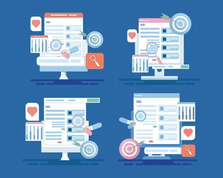 Website optimization set featuring SEO analysis, marketing performance reports Stock Illustration