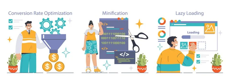 Website optimization set. Maximizing website conversions, streamlining Stock Illustration