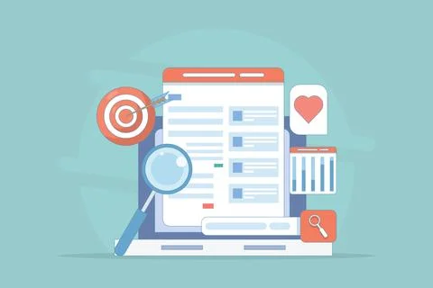 Website Optimization Strategy Concept, Website Analytics Report. Illustrazione stock