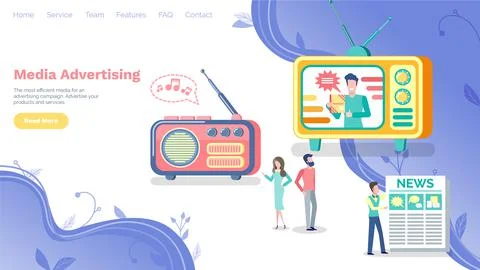 Website or webpage for digital media marketing. Team of marketers advertising Stock Illustration
