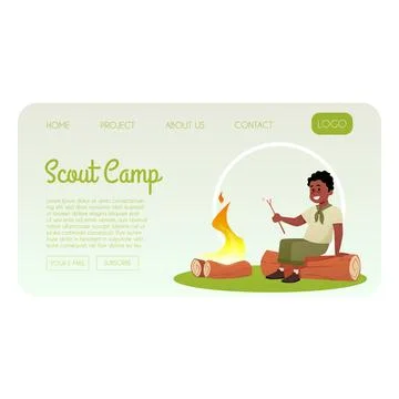 A website page featuring a boy scout sitting on a log by a campfire with a イラスト素材