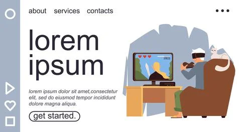 Website page with senior man playing virtual computer game vector illustration. Stock Illustration
