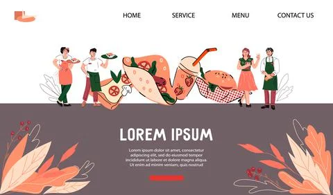 Website page template for restaurant or food delivery cafe with cooks and wai Illustrazione stock