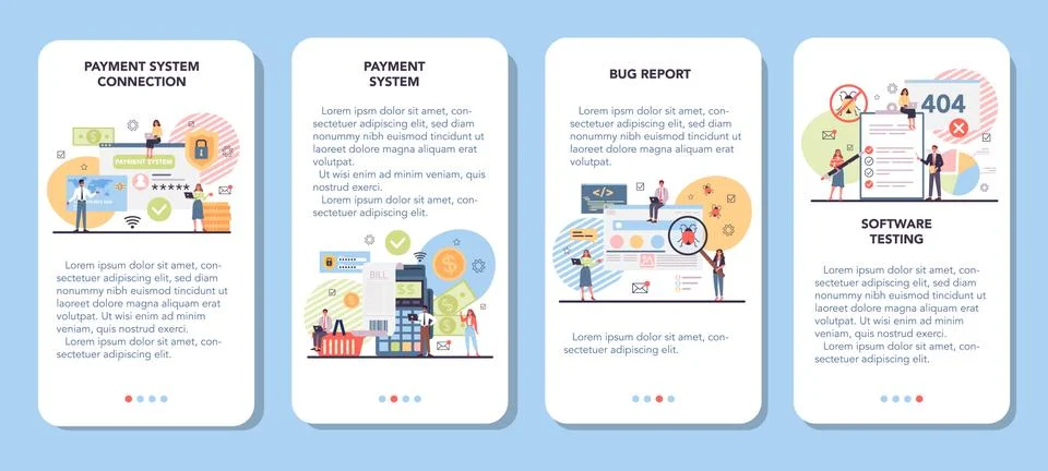 Website payment system testing mobile application banner set Stock Illustration