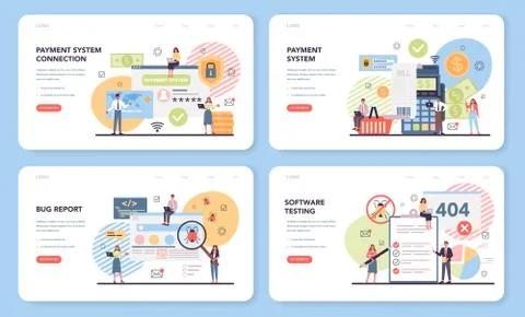 Website payment system testing web banner or landing page set. Stock Illustration