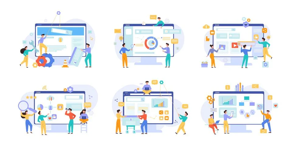 Website performance and business analytics vector illustrations set Stock Illustration