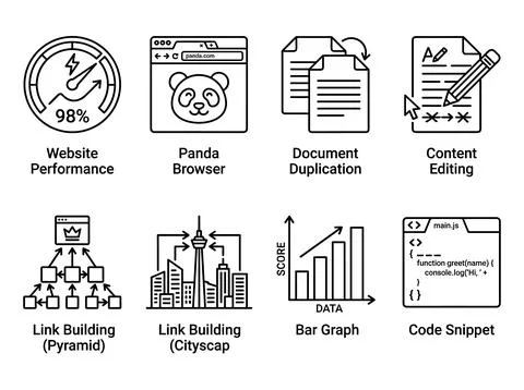 Website performance gauge, panda browser icon, document duplication, conten.. Stock Illustration
