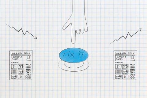 Website performance with hand pushing button to fix stats from bad to great Stock Illustration