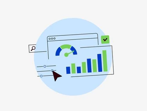 Website performance testing with speed analysis, load time monitoring, technical Stock Illustration