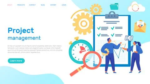 Website for project management web page template. People work with business 스톡 일러스트