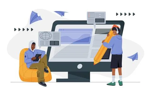 Website prototyping concept. Man and woman with pencil developing graphic Stock Illustration