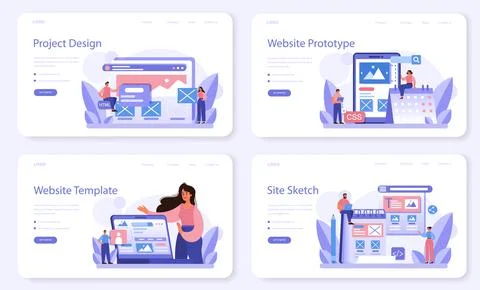 Website prototyping web banner or landing page set. Web page modeling Stock Illustration