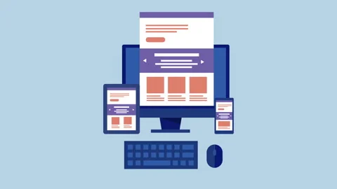 Website responsive design on a desktop computer 2d Animation with Alpha Matte Stock Footage 335608060