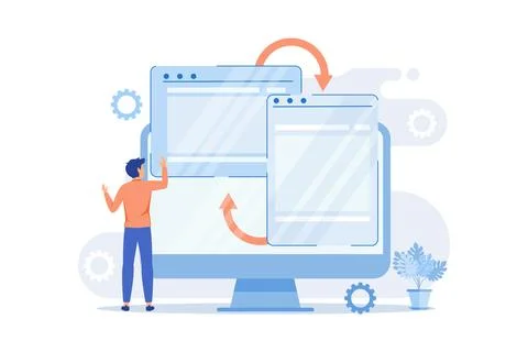 Website responsive design development. Computer, laptop software programmin.. Illustrazione stock