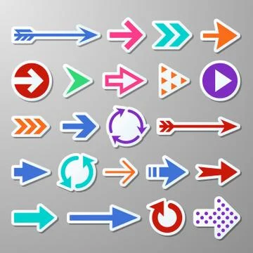 Website right arrow stickers. Directional arrows signs. Progress arrow vector Illustrazione stock
