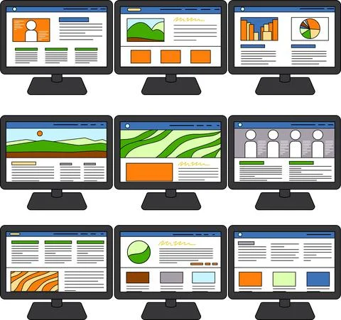 Website screen view with PC set Stock Illustration