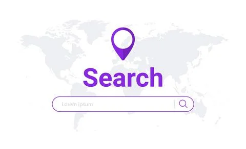 Website search bar browser world map. Research field find tab app search url Stock Illustration