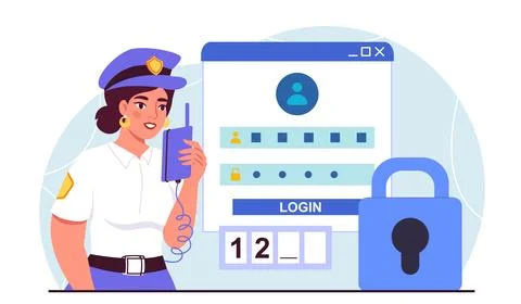 Website security concept. Woman in security guards uniform with walkie talkie Stockillustratie