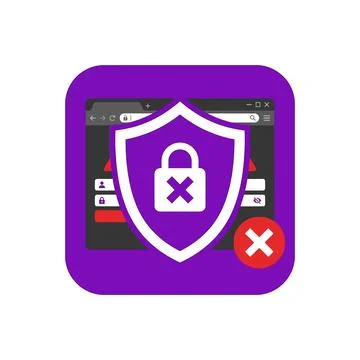 Website security shield with a crossed padlock icon for blocked access. Stock Illustration