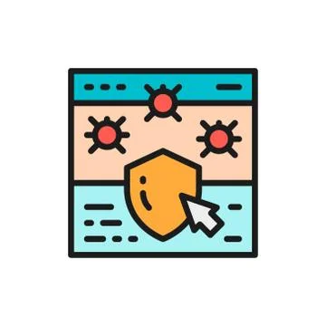 Website with shield, browser antivirus, cyber protection flat color line icon. Stockillustratie